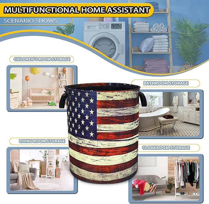 NUTAINLA Retro American Flag Laundry Basket Patriotic Foldable Oxford Cloth Funny Tote Bag Laundry Hamper Clothes Storage Bucket Toy Organizer For Bathroom/Laundry Storage/Bedroom 18.9x16.5 Inch