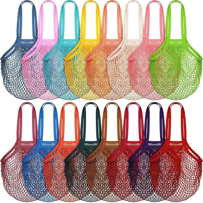 Shappy 16 Pcs Reusable Grocery Bags Mesh Produce Bags Washable Cotton Mesh Tote with Handles for Fruit Vegetable Shopping Storage Market(Multicolor)