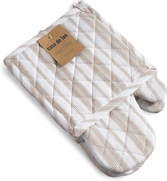 Oven Mitts & Potholder Set - Durable Heat Resistant Gloves - Thick Mittens for Kitchen - Suitable for Cooking, Baking, Grilling – BBQ - 2 Oven Mitts & 2 Potholders – Taupe Stripes - Casa De Lan