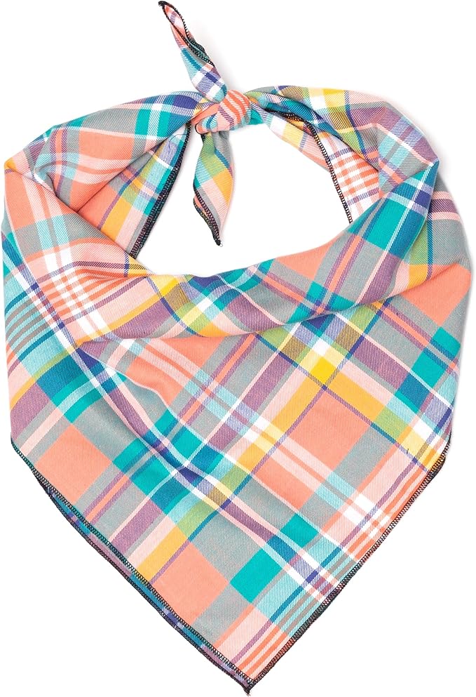 THE WORTHY DOG Classic Tie-On Dog Bandana – Soft Cotton Flannel Square Pet Bandana, Plaid Pattern, Peach Multicolored, Large