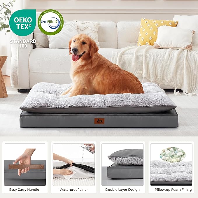 Warmrest 2-Pack Waterproof Dog Bed Large Size Dogs, Plush Cushion & Orthopedic Egg-Crate Foam Mattress for Senior Dogs, Washable Dog Crate Bed with Removable Cover, Dark Grey