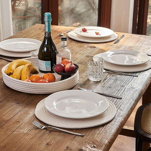 Art PineCone's Woven Cotton Rope Round Placemats Set of 4 with Holder Included, Non-Slip, and Heat Resistant Shabby Chic Placemats (Off White, 13 inch)
