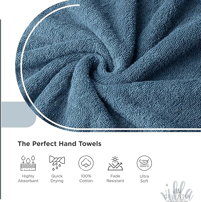 Villa Celestia 100% Cotton Hand Towel Set of 4, (16 x 28 inches) Sustainable, Soft, Highly Absorbent, Quick Drying, Combed Cotton Hand Towels Pack of 4 Ideal for Hotels, Spa, Bathroom, Dorm, Blue