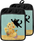 Funny Black Cat Flower Pot Holders with Pockets, Cat Kitchen Decor, Abstract Painting Black Kitten Oven Pot Holders Heat Resistant Oven Mitts Hot Pads for Kitchen Baking Cooking