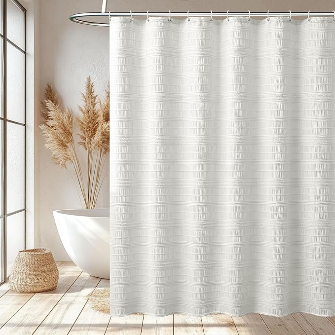 Siiluminisoy Extra Long Farmhouse White Boho Shower Curtain 72 x 96 Cotton Blend Tufted Fabric Waffle Textured Shabby Chic Rustic Minimalist Striped Shower Curtains for Bathroom, Hotel