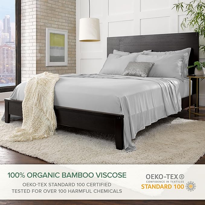 Pure Bamboo Split King Sheets, Genuine 100% Organic Viscose Derived from Bamboo Bed Sheet Set, Soft & Cooling, Double Stitching, 2 Fitted Sheets (Split King, Silver Pearl)