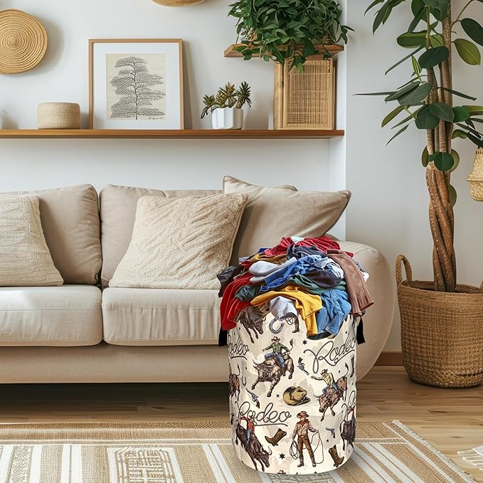 Western Cowboy Laundry Basket Oxford Cloth Cowboy Hat Funny Laundry Hamper With Handle Portable Clothes Storage Basket Foldable Western Print Laundry Bag 18.9"x16.5" For Laundry Room/Bedroom/Bathrooms