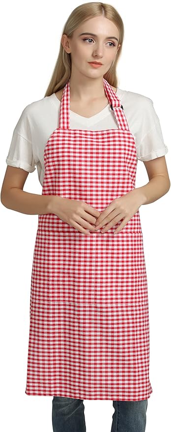 Vintage Gingham Kitchen Aprons Chef Bib Canvas Aprons Christmas Holiday Home Decorative 100% Pure Cotton Aprons in Large Size with Pockets Adjustable Neck Strap Long Ties Aprons(Red)