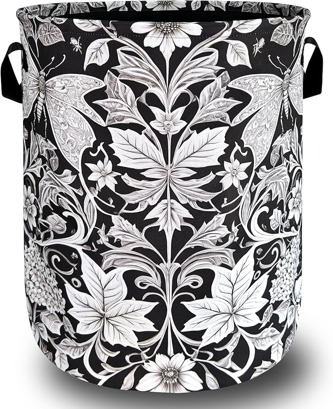 Black White Floral Butterfly Laundry Hamper Foldable Oxford Cloth Flowers Laundry Basket With Handle Portable Clothes Storage Basket Laundry Bag 18.9"x16.5" For Laundry Room/Bedroom/Bathrooms