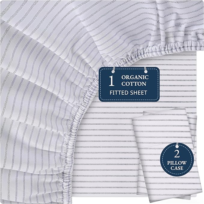 LANE LINEN 100% Organic Cotton Twin Fitted Sheet, 2-Piece Set (1 Fitted Sheet, 1 Pillowcase), Percale Weave, Soft, Breathable, Fits Mattress Upto 15' Deep - Blue Ticking Stripe (No Flat Sheet)