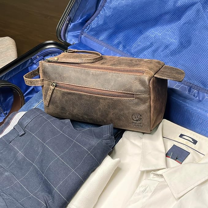 Rustic Town Leather Wash Bag for Men - Travel Toiletry Bag - Shaving Dopp Kit Toiletries Organizer - Leather Makeup Bag for Women