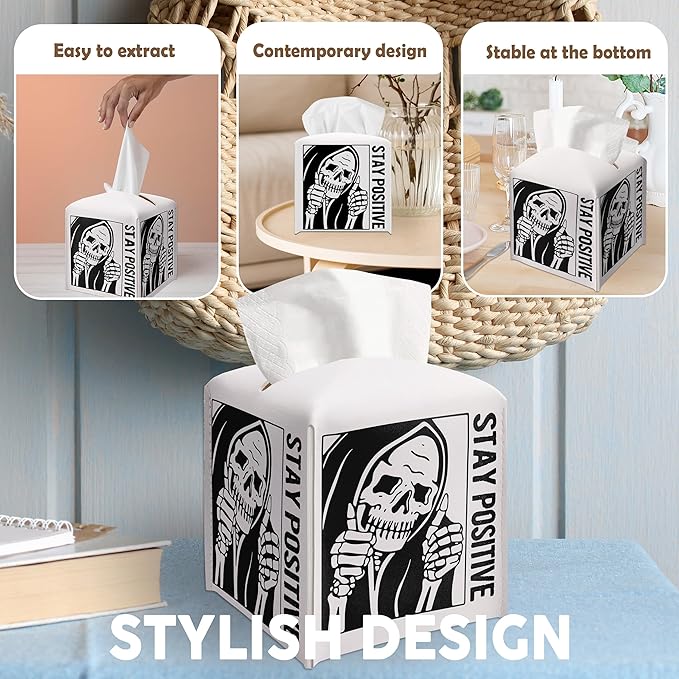 Tissue Box Gifts with Leather Cover Square, Inspirational Gift Ideas for Friends, Stay Positive, Skeleton Desk Decor for Bathroom Toilet Office, New Home Favor-(5.2 Inches)
