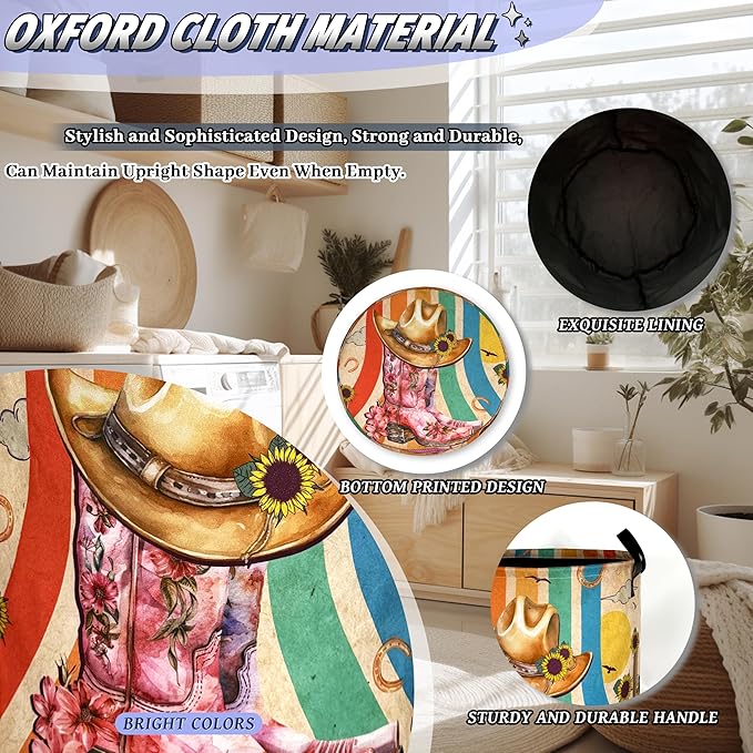 Retro Western Cowboy Hat Boots Laundry Hamper Oxford Cloth Hippie Laundry Basket With Handle Portable Clothes Storage Basket Foldable Funny Laundry Bag 18.9"x16.5" For Laundry Room/Bedroom/Bathrooms