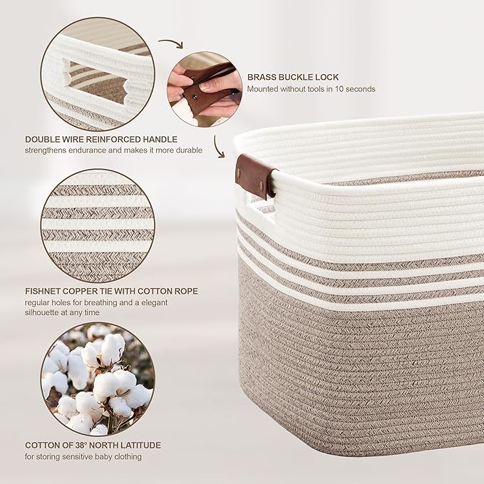 SunNewt 86L Extra Large Laundry Basket with Leather Handles for Living Room Storage, Woven Rope Baskets for Blanket, Kids Toy, Gifts, Wicker Hamper for Bedroom Dirty Clothes, 24"x16"x14" White Brown