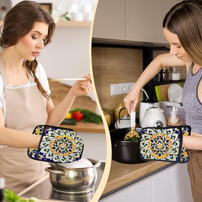 Navy Blue Boho Mandala Floral Pot Holders 2 Pack Set, Vintage Hinduism Spiritual Folk Lotus Flower Mandala Heat Resistant Oven Hot Pads for Kitchen Countertop Baking，065 Potholder