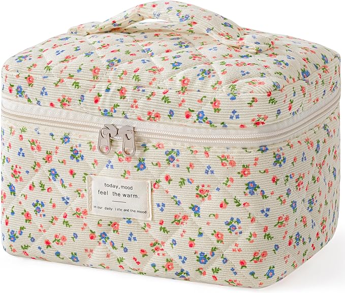 HBselect Christmas Gifts Large Quilted Makeup Bag, Cute Cotton Travel Makeup Bag with Handle, Portable Coquette Floral Make up Bags, Toiletry Organizer Make up Bags for Women Teen Girls Mom