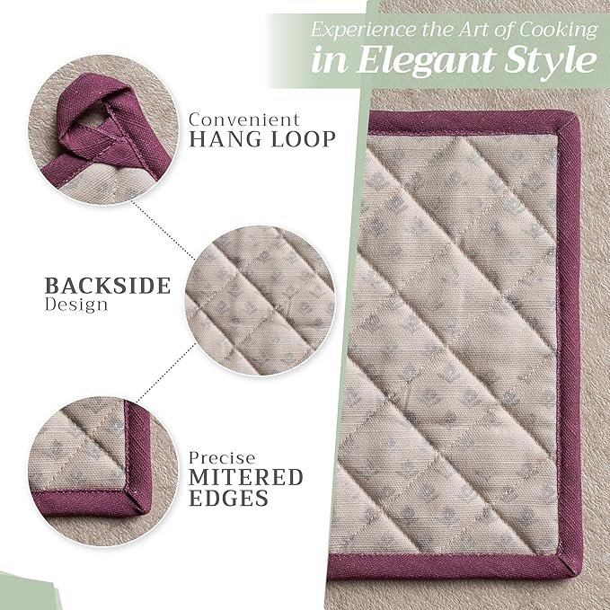 Maison d' Hermine Pot Holders Set 100% Cotton Heat Resistant Potholders 8" x 8" Hot Pads with Loop BBQ, Cooking, Baking, Grilling, Kitchen, Handling Hot Pans Spring/Summer (Pack of 2, Fanny Lavender)