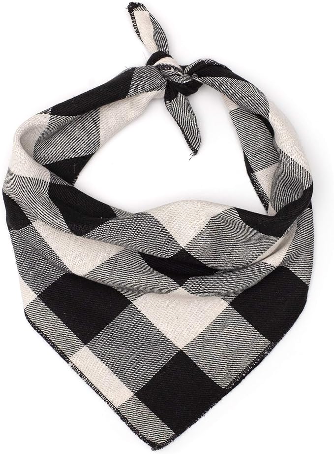 THE WORTHY DOG Classic Tie-On Dog Bandana – Soft Cotton Flannel Square Pet Bandana, Buffalo Pattern, Black/White, Large