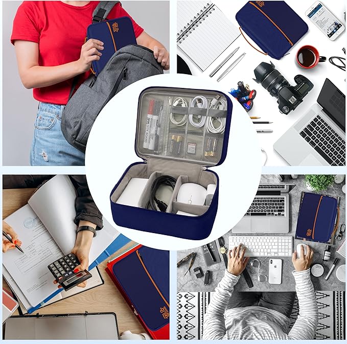 Miavers Electronics Organizer,Travel Cord Organizer Pouch, Portable Cable Organizer Bags, Waterproof Electronic Accessories Storage Case for Cables, Cords, Charger, Phone (Double Layer-NavyBlue)