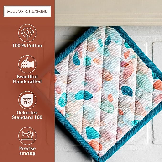 Maison d' Hermine Pot Holders Set 100% Cotton Heat Resistant Potholders 8" x 8" Hot Pads with Loop BBQ, Cooking, Baking, Grilling, Kitchen, Handling Hot Pans Spring/Summer (Pack of 2, Summer Picnic)