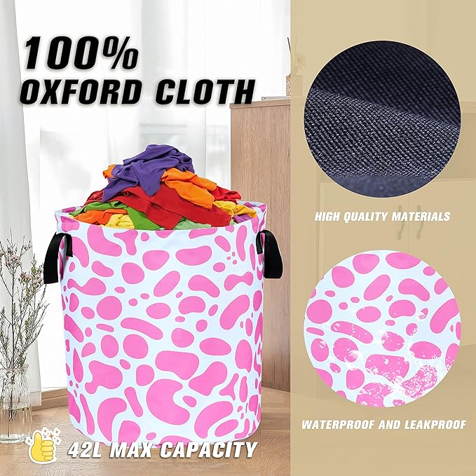 Pink Cow Print Laundry Basket Animal Foldable Oxford Cloth Funny Tote Bag Laundry Hamper Clothes Storage Bucket Organizer For Bathroom/Laundry Storage/Bedroom Storage Basket 17.7x13.7Inch