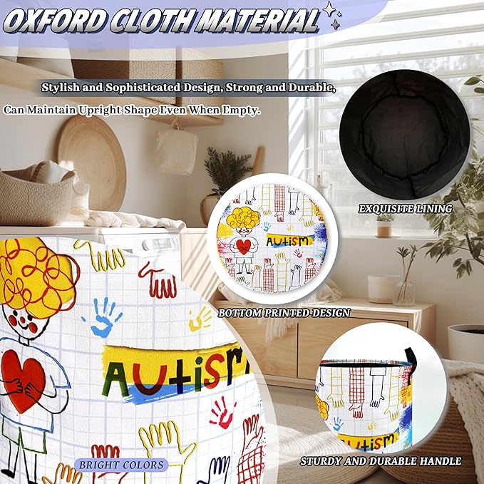 Funny Autism Awareness Laundry Hamper Oxford Cloth Colorful Autism Laundry Basket With Handle Portable Clothes Storage Basket Foldable Laundry Bag 18.9"x16.5" For Laundry Room/Bedroom/Bathrooms