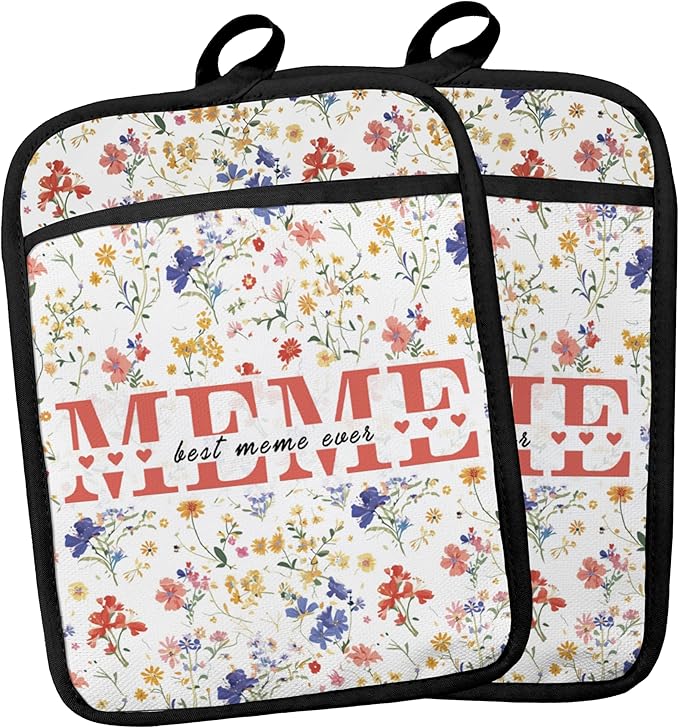 Meme Gifts Floral Pot Holders, Mother's Day Birthday Gifts for Meme from Grandkids Grandsons Granddaughters Canvas Pot Holders for Women,Potholders for Kitchens
