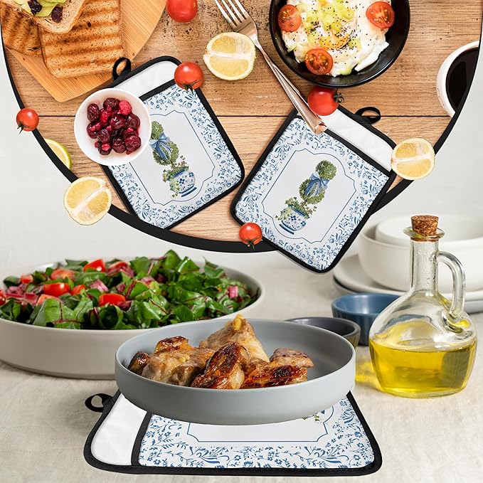 Blue and White Chinoiserie Floral Pot Holders with Pockets, Blue Coquette Bow Porcelain Floral Pot Holders Heat Resistant Oven Mitts Hot Pads for Kitchen Baking Cooking,Potholders for Kitchens