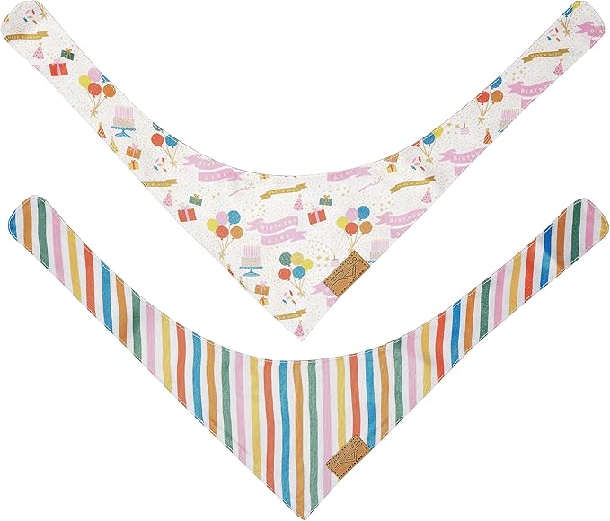 Remy+Roo Polyester Dog Bandanas, X-Large, Pink Rainbow Stripe, 2 Pack, Birthday Theme, Adjustable, for Female Dogs