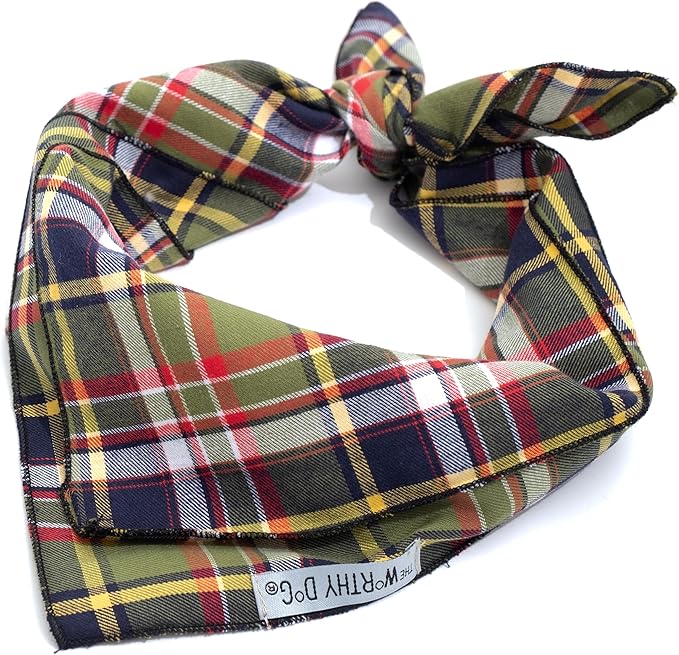 THE WORTHY DOG Classic Tie-On Dog Bandana – Soft Cotton Flannel Square Pet Bandana, Plaid II Classic Pattern, Olive, Large