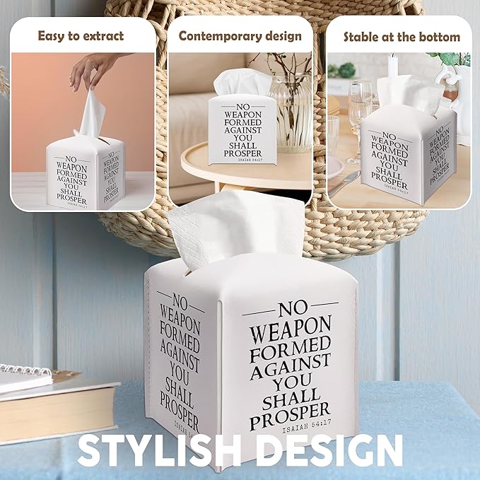 Christian Decorative Tissue Box Cover Square, Facial Paper Organizer, Inspirational Gift Ideas for Friends, No Weapon Formed Against Me Shall Prosper, Bathroom Office Decor-(5.2 Inches)