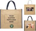 DISCOUNT PROMOS Custom Fresno Eco Friendly Jute Tote Bags Set of 1, Personalized Text logo and Picture - Reusable, Great for Tradeshows, Grocery, Shopping and Outdoor Events - Blue