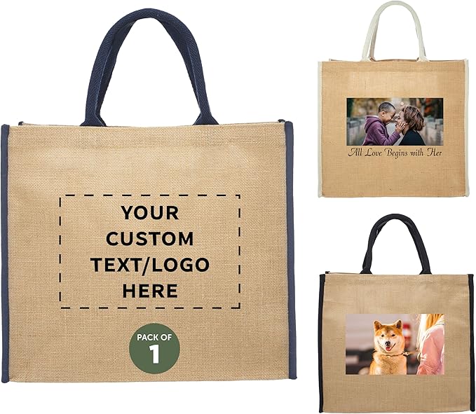 DISCOUNT PROMOS Custom Fresno Eco Friendly Jute Tote Bags Set of 1, Personalized Text logo and Picture - Reusable, Great for Tradeshows, Grocery, Shopping and Outdoor Events - Blue