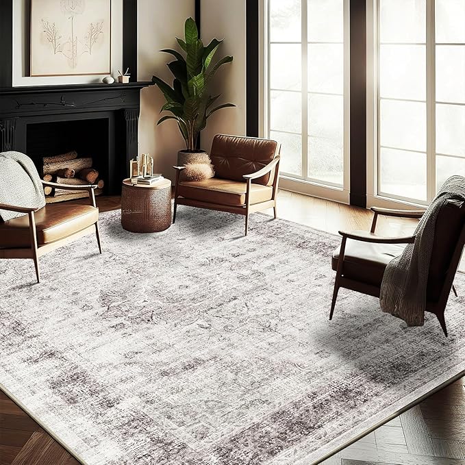 Washable Area Rug 8'x10' Floral red Boho Design Non-Shedding Non-Slip Easy Care Ideal for High Traffic Areas in Living Room Bedroom Office Coffee Table Kitchen Large Carpet