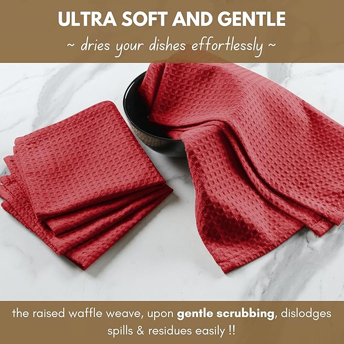 Native Fab 8 Piece Kitchen Towel & Dish Cloth Set - 100% Cotton, Soft, Absorbent, Quick Drying & Durable Cloths for Cleaning, Cooking - Machine Washable, Perfect for Home, Bars & Everyday Use - Red
