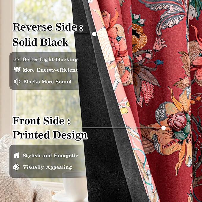 MYSKY HOME Terracotta Floral 95% Blackout Curtains 84 Inches Long for Living Room Dining Rooom Thermal Insulated Light Blocking Drapes Grommet Country Coquette Window Panels for Home, 2 Pcs, 52" Wide