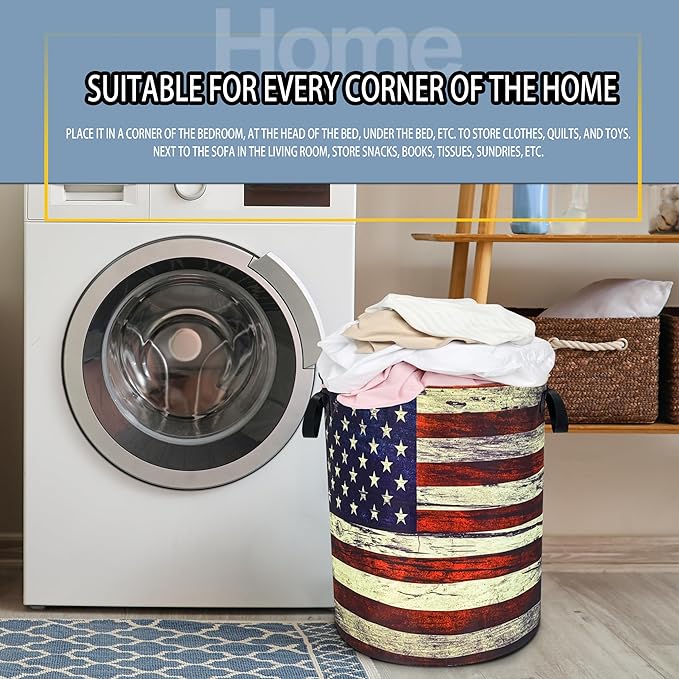NUTAINLA Retro American Flag Laundry Basket Patriotic Foldable Oxford Cloth Funny Tote Bag Laundry Hamper Clothes Storage Bucket Toy Organizer For Bathroom/Laundry Storage/Bedroom 18.9x16.5 Inch