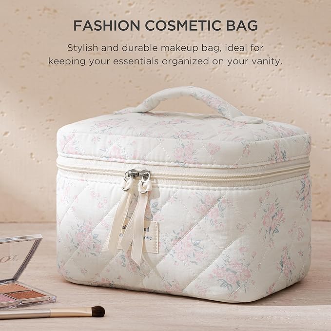 HBselect Christmas Gifts Large Quilted Makeup Bag, Cute Cotton Travel Makeup Bag with Handle, Portable Coquette Floral Make up Bags, Toiletry Organizer Make up Bags for Women Teen Girls Mom