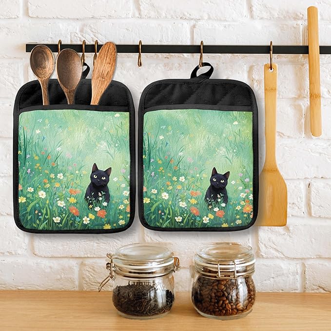 Vintage Floral Black Cat Pot Holders with Pockets, Cat Kitchen Decor, Dark Green Flower Field Kitten Oven Pot Holders Heat Resistant Oven Mitts Hot Pads for Kitchen Baking Cooking