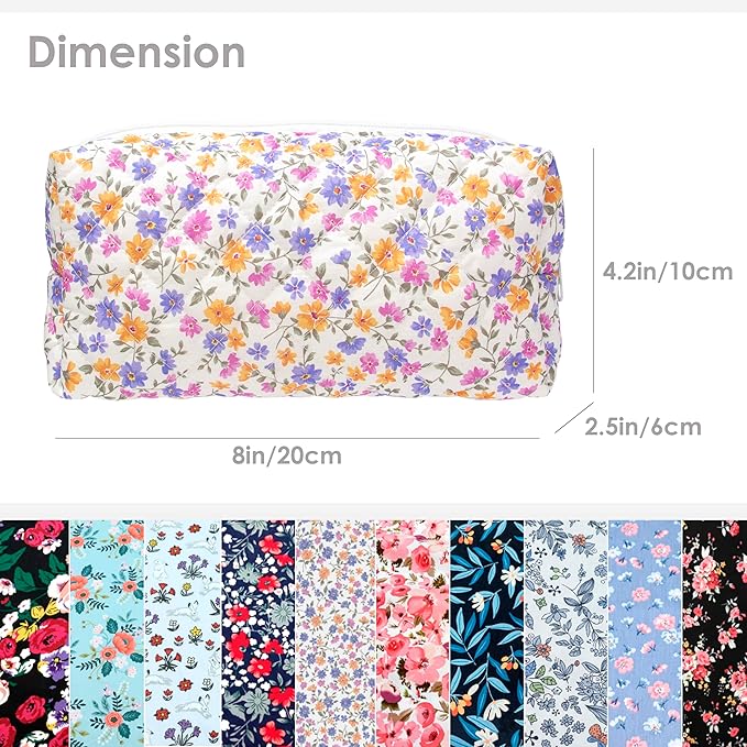 PAZIMIIK 2PCS SET Vintage Quilted Makeup Bag Cosmetic Pouch for Brushes Pencils and Travel Make Up Accessories for Women and Girls,Little flower