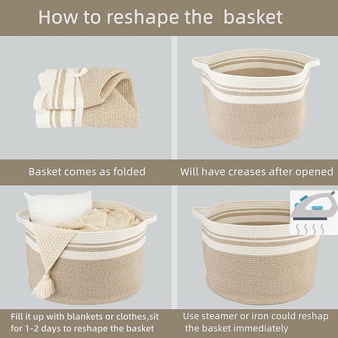 XUANGUO Large Cotton Rope Basket Blankets Basket Living Room 22"x14" Toy Baskets for Kids Rope Storage Basket for Nursery Woven Laundry Baskets for Clothes Towels Baby Toy Storage round white brown