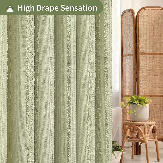 Lameirose Sage Green Shower Curtain Boho, Cotton Blend Waffle Shower Curtain Farmhouse, Fabric Shower Curtains for Bathroom, Hotel, Washable 72 x 72