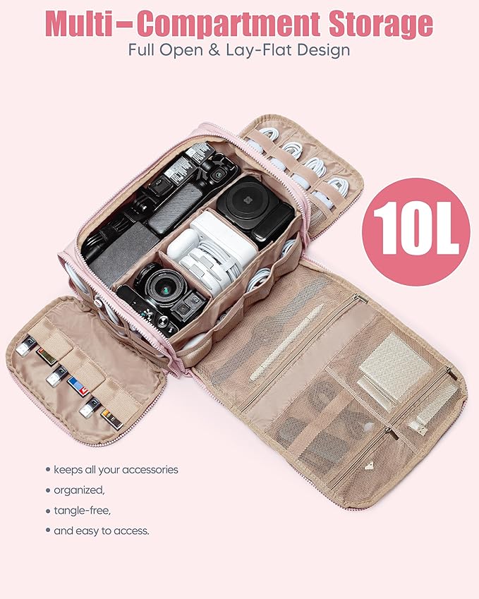 Marscamd Cable Organizer Bag, Travel Cord & Charger Organizer Pouch for Tech Accessories & Electronics, Home Storage, Pink