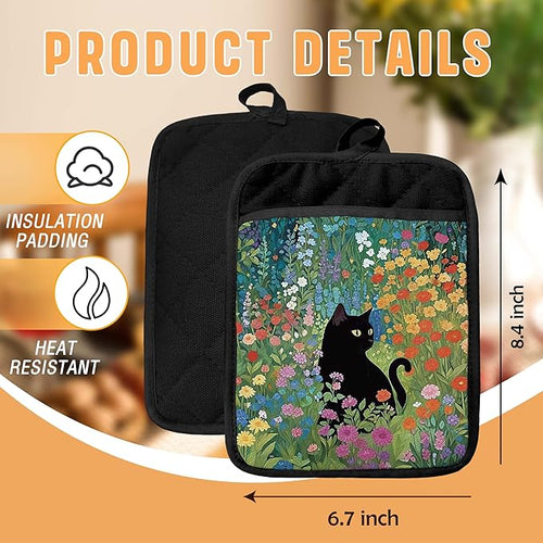 Abstract Wildflower Black Cat Pot Holders with Pockets, Cottagecore Kitchen Decor, Whimsical Floral Cat Oven Pot Holders Heat Resistant Oven Mitts Hot Pads for Kitchen Baking Cooking