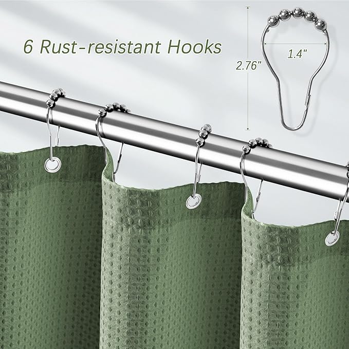 PANGSINNE Green Stall Shower Curtain Waffle Weave Fabric, Luxury Waterproof 256GSM Heavy Duty Camper Shower Curtain for Travel Trailers with 6 Metal Hooks, 36Wx72H Sage Green