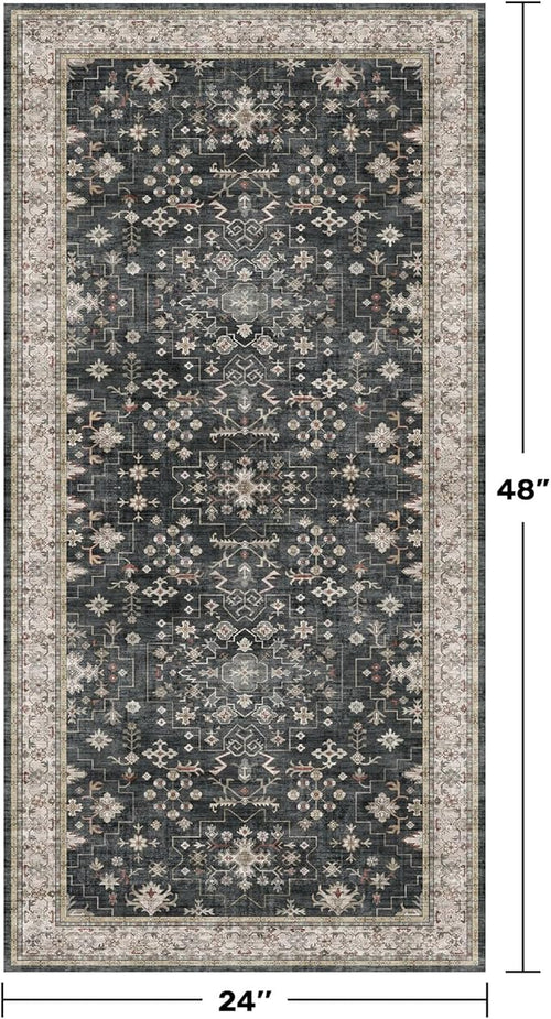 2x4 Entryway Runner Rugs, Small Runners for Kitchen, Door Mat Indoor Entrance, Bathroom, Non-Slip Low-Pile Washable Stain Resistant, Vintage Ashen Charcoal Floral Decor (Ashen/Multi)