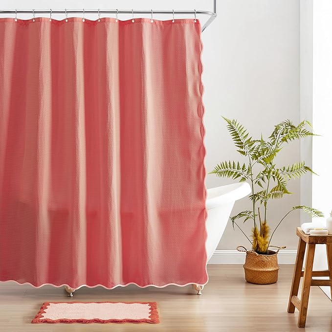 MONDAY MOOSE Scalloped Waffle Weave Shower Curtain with Rustproof Metal Grommet Holes for Bathroom, Machine Washable, Hooks Included (72x72 inch, Light Coral/Coral)