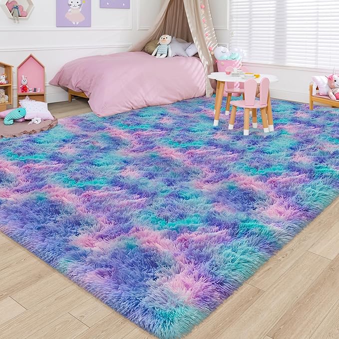 Purple Rainbow Fluffy Soft Area Rug 8x10ft Plush Furry Rugs for Girls Bedroom Kawaii Shaggy Rug for Living Room Fuzzy Nursery Rug for Baby Toddler's Room Cute Colorful Room Decor for Kids