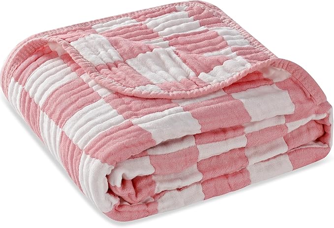 HardNok Ultra-Soft Muslin Baby Blanket - Swaddle & Crib for Girls, Pink Checkered (1-Pack)