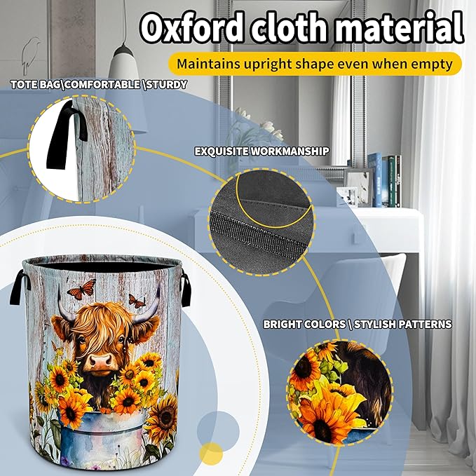 NUTAINLA Highland Cow Sunflower Laundry Basket Animal Foldable Oxford Cloth Funny Tote Bag Laundry Hamper Clothes Storage Bucket Toy Organizer For Bathroom/Laundry Storage/Bedroom 18.9x16.5 Inch